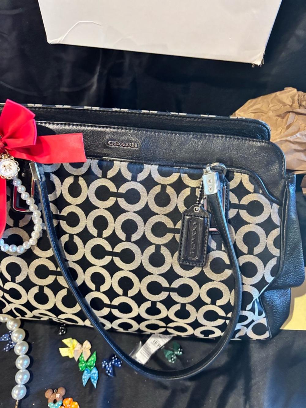 Coach Black and Cream Signature  Circle Tote with Leather Trim excellent bag